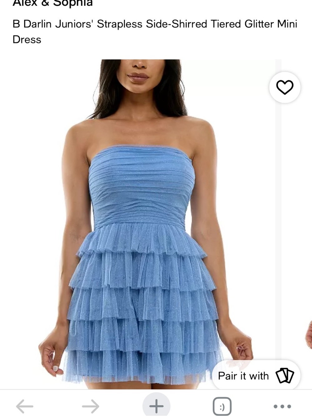 NWT Macy’s B. Darlin Jrs Strapless Side Shirred Tiered Glitter Mini Dress 7/8